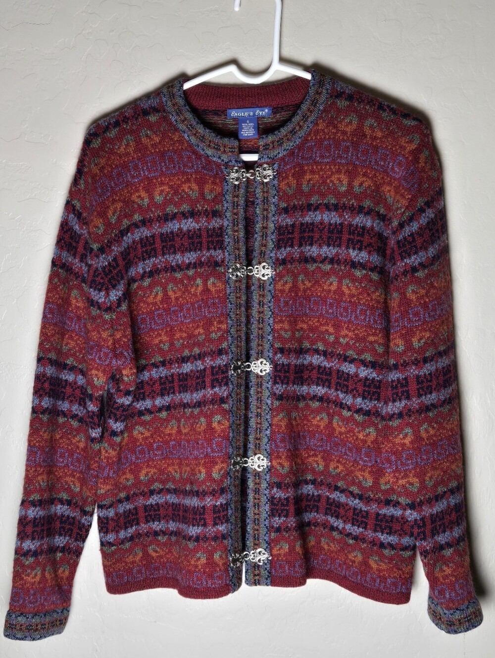 Vintage Eagles Eye 100% Wool Nordic Fair Isle Metal Clasp Cardigan Sweater Small